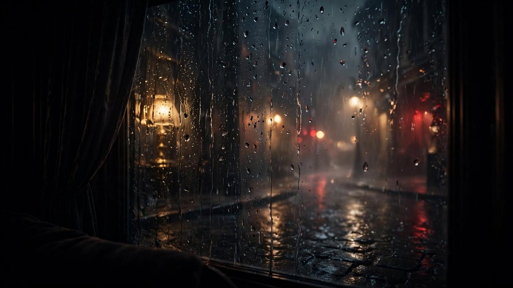 A rainy window looking onto a wet night street, gold lamps and a red light in the distance
