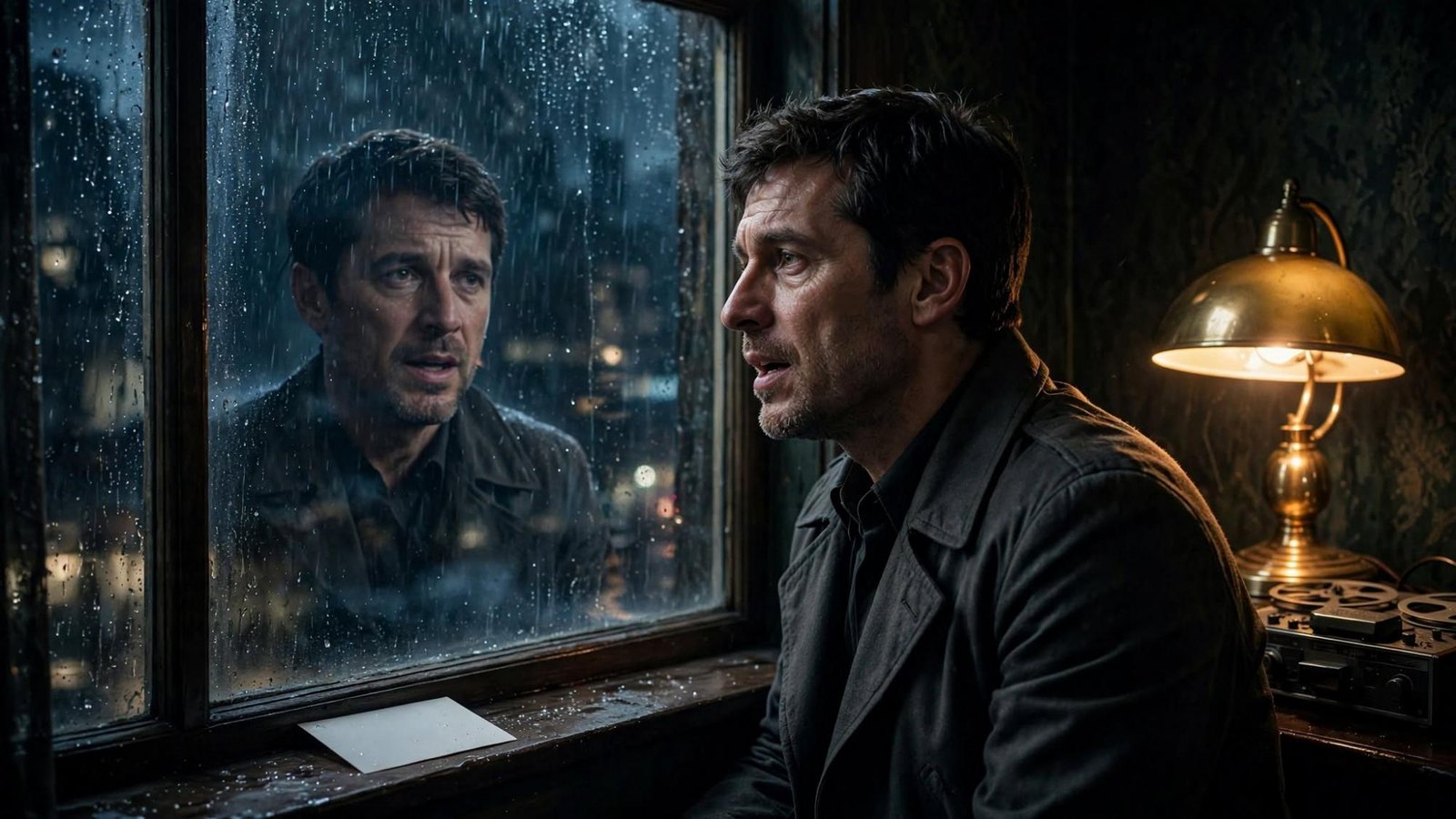 A man and his reflection in the rain. They are not saying the same thing.