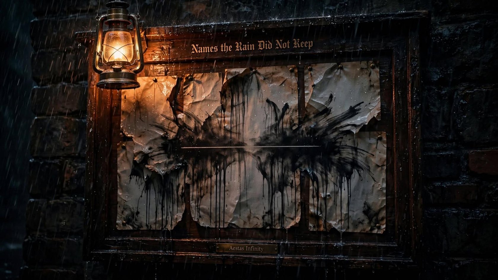 A lantern beside a rain-soaked board of names, the ink running off the paper