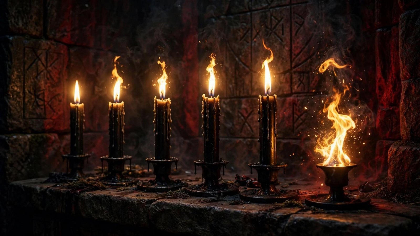 Five black candles, and a sixth flame that does not belong to the row.