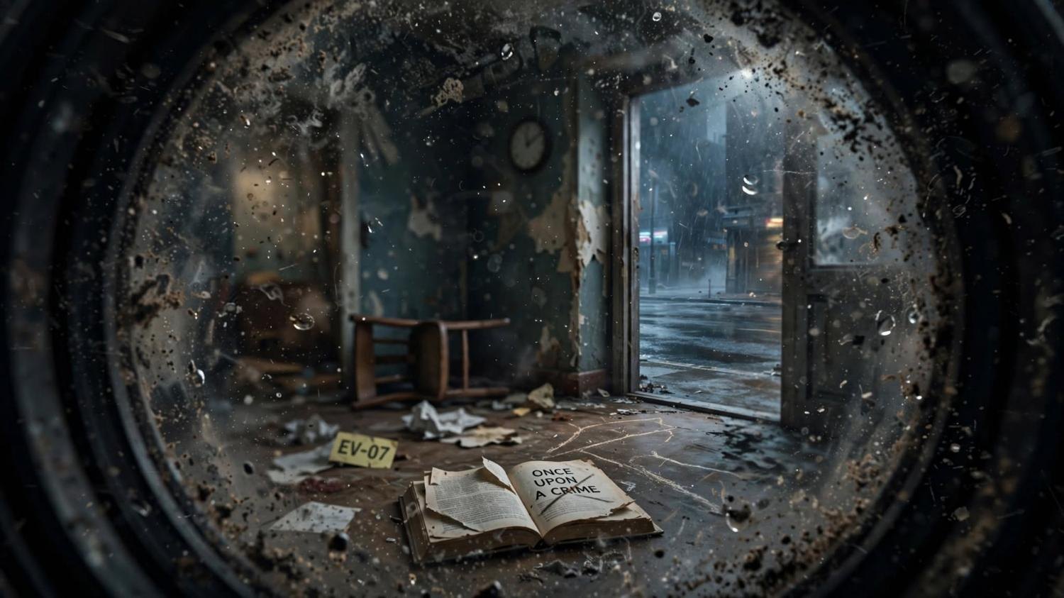 A room seen through dirty glass. The title in the book is crossed out. Rain outside.