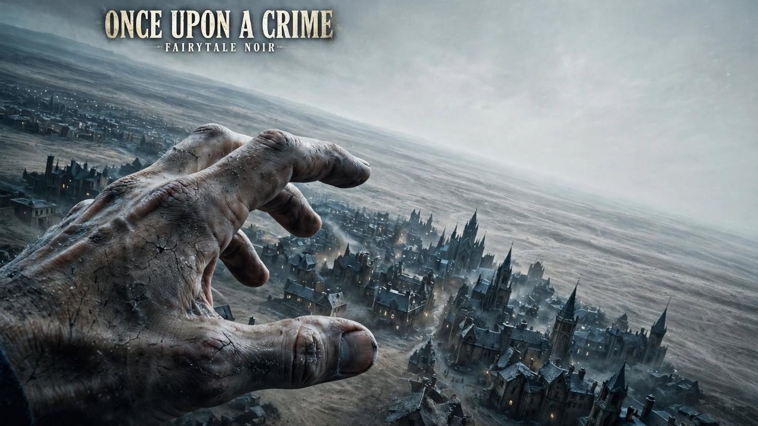 A cracked hand over a city, the horizon a few degrees wrong.