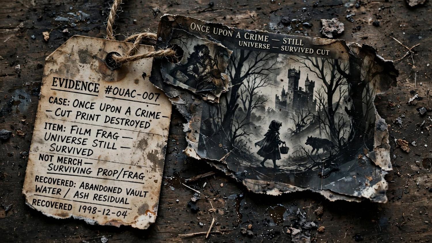 A tag and a torn print. A girl, a basket, a wolf. Recovered from water and ash.