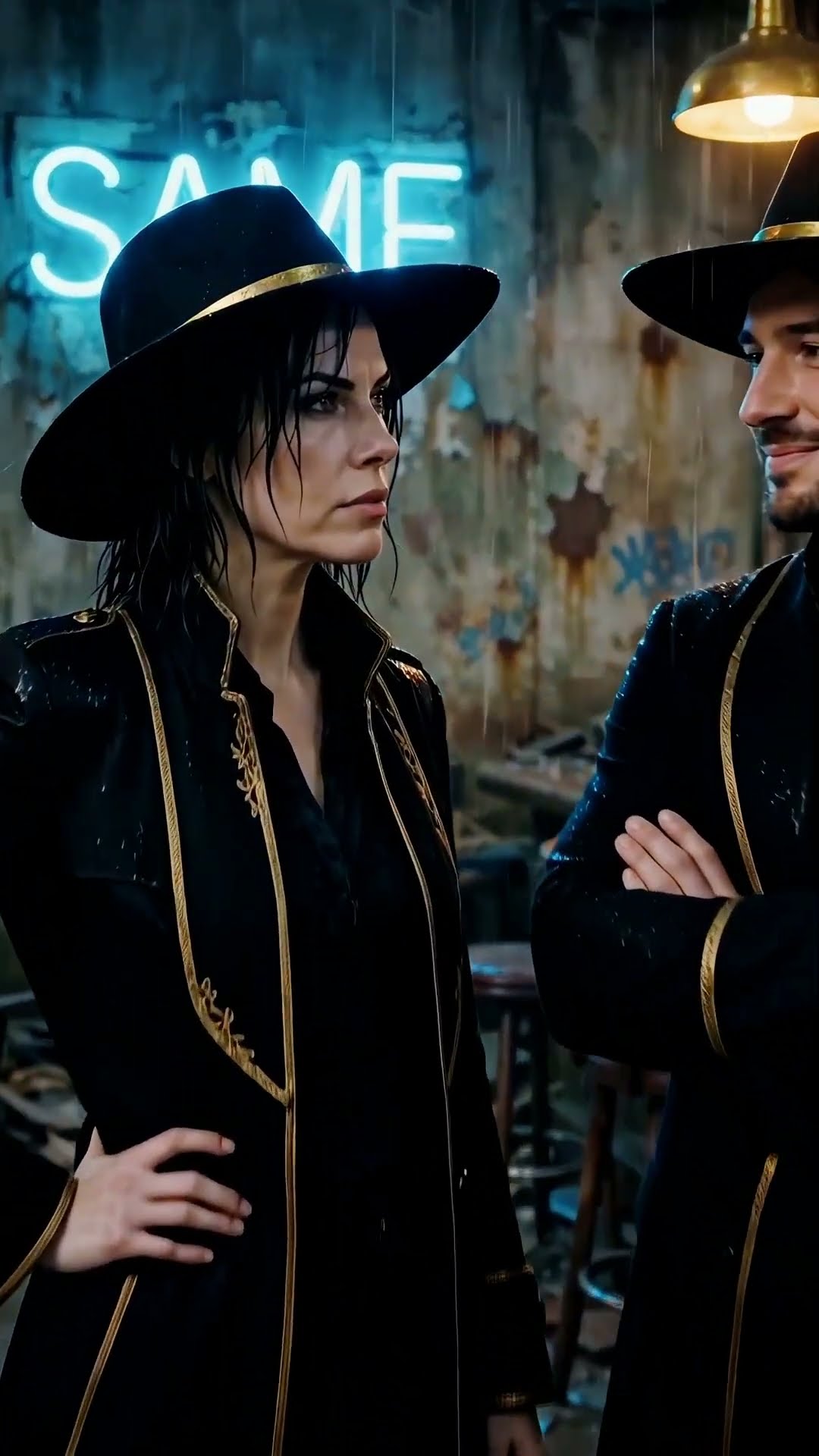 Two Aries in matching black coats and gold-banded hats under a neon sign that reads SAME, rain in an alley.
