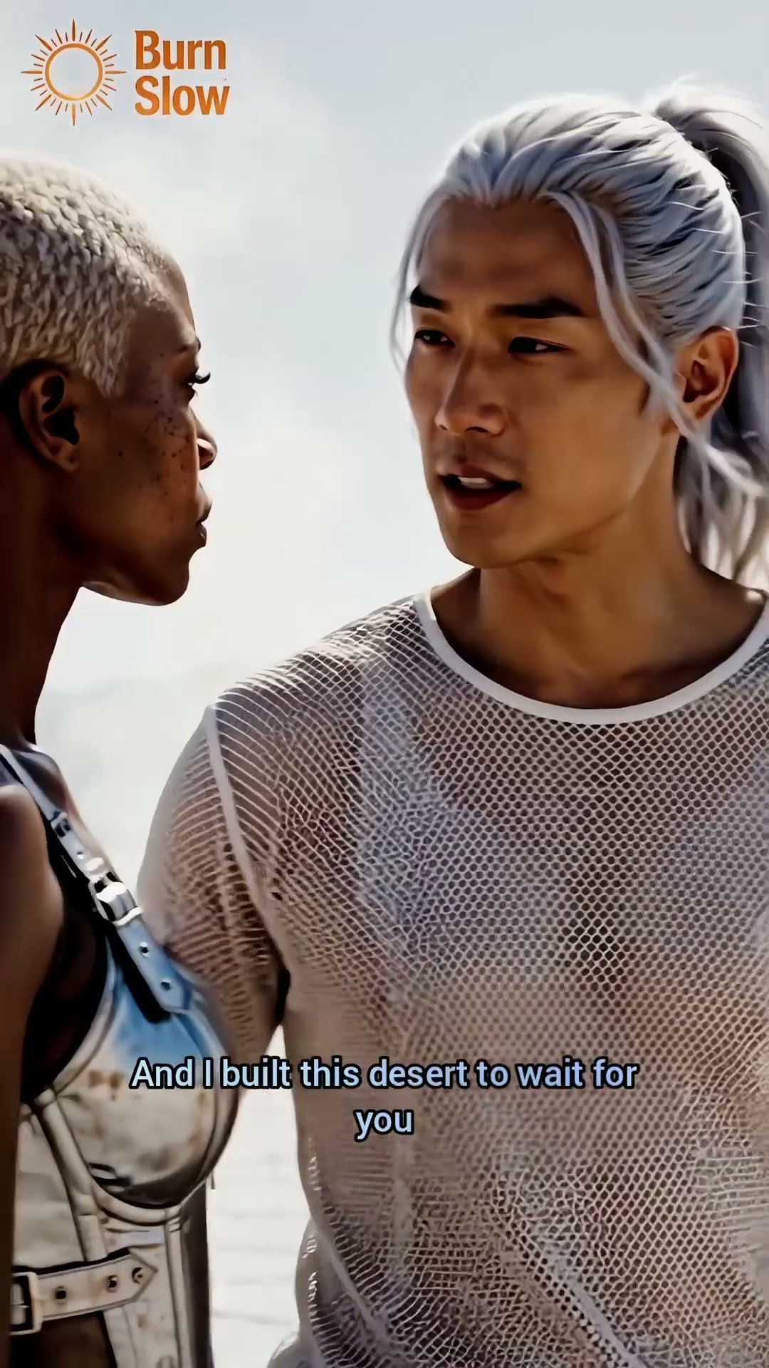 A woman in pale armor faces a silver-haired man in a white mesh shirt under a hard white sky.