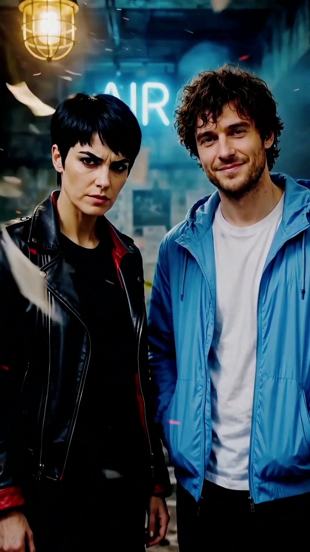 A woman in a black leather jacket with red lining beside a man in a blue windbreaker under a neon AIR.