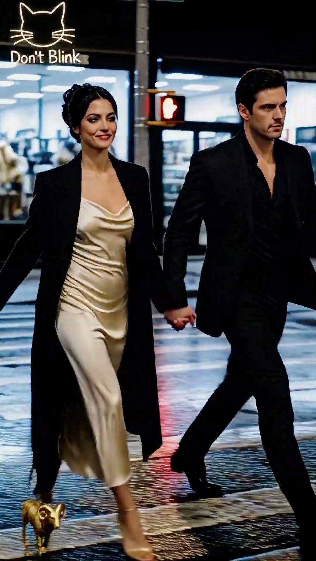 A woman in a black coat and gold heels crosses a wet night street beside a man in a black suit, a small gold ram at her feet.