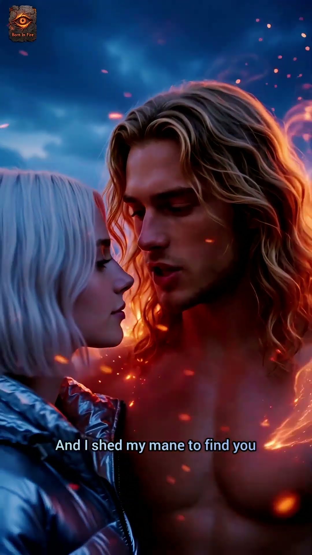 A silver-haired woman in a metal jacket faces a shirtless man with a long mane, embers on his skin.
