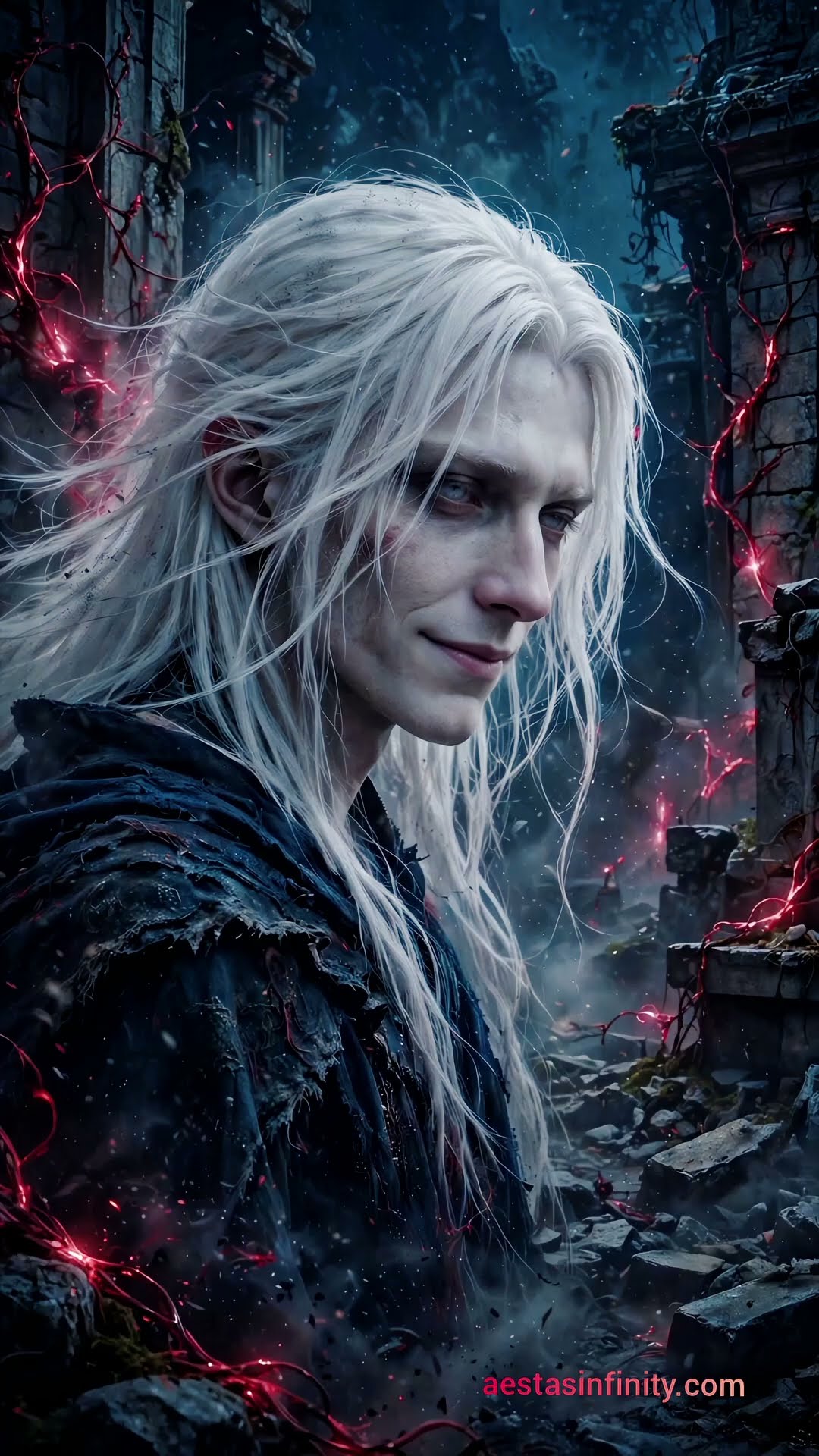 A long-white-haired figure in a torn cloak stands in a blue ruined hall where red lines glow in the broken stone.