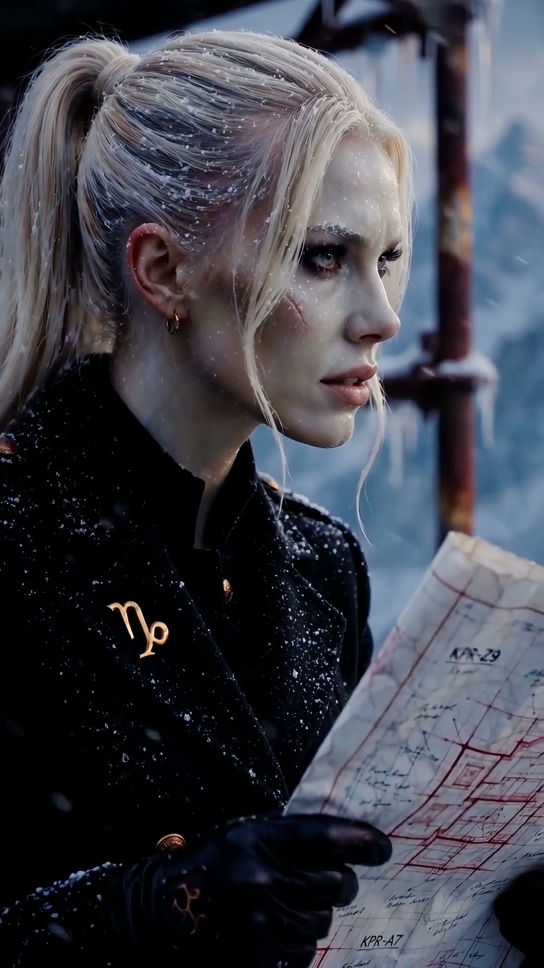 A white-haired woman in a black coat with a gold Capricorn pin points at a snowy map marked in red.