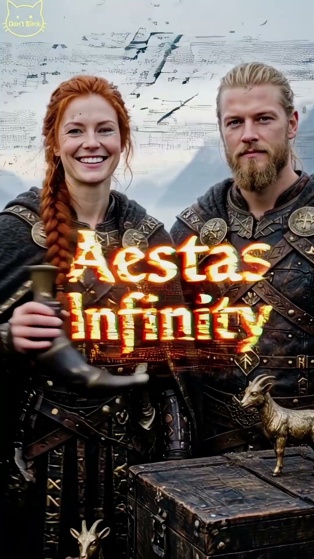On a wooden deck a red-braided woman holds a drinking horn beside a blond man in armor, a gold goat standing on a chest.