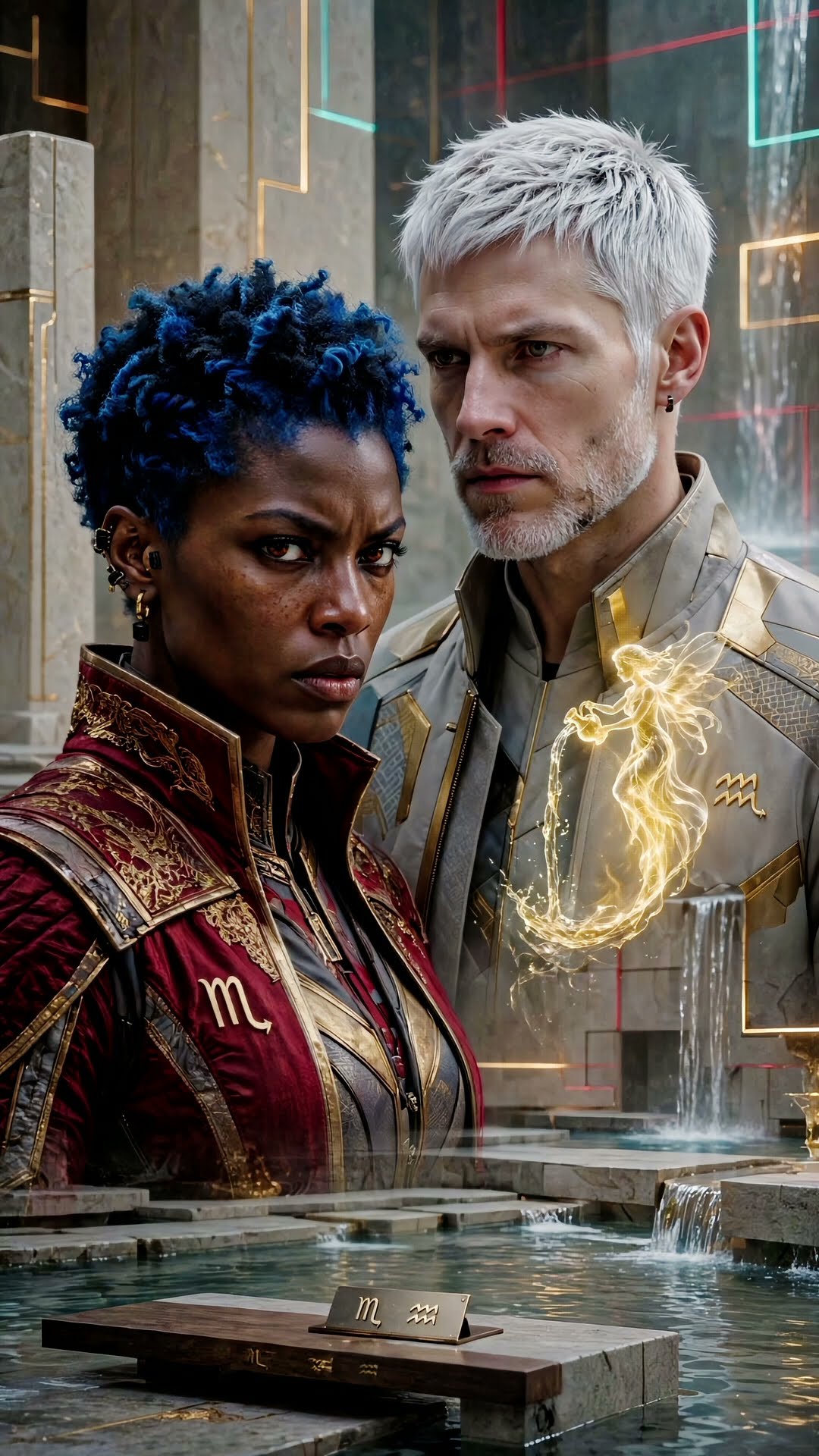 A blue-haired woman in a maroon Scorpio jacket and a silver-haired man stand in a stone water court beneath a gold water-bearer.