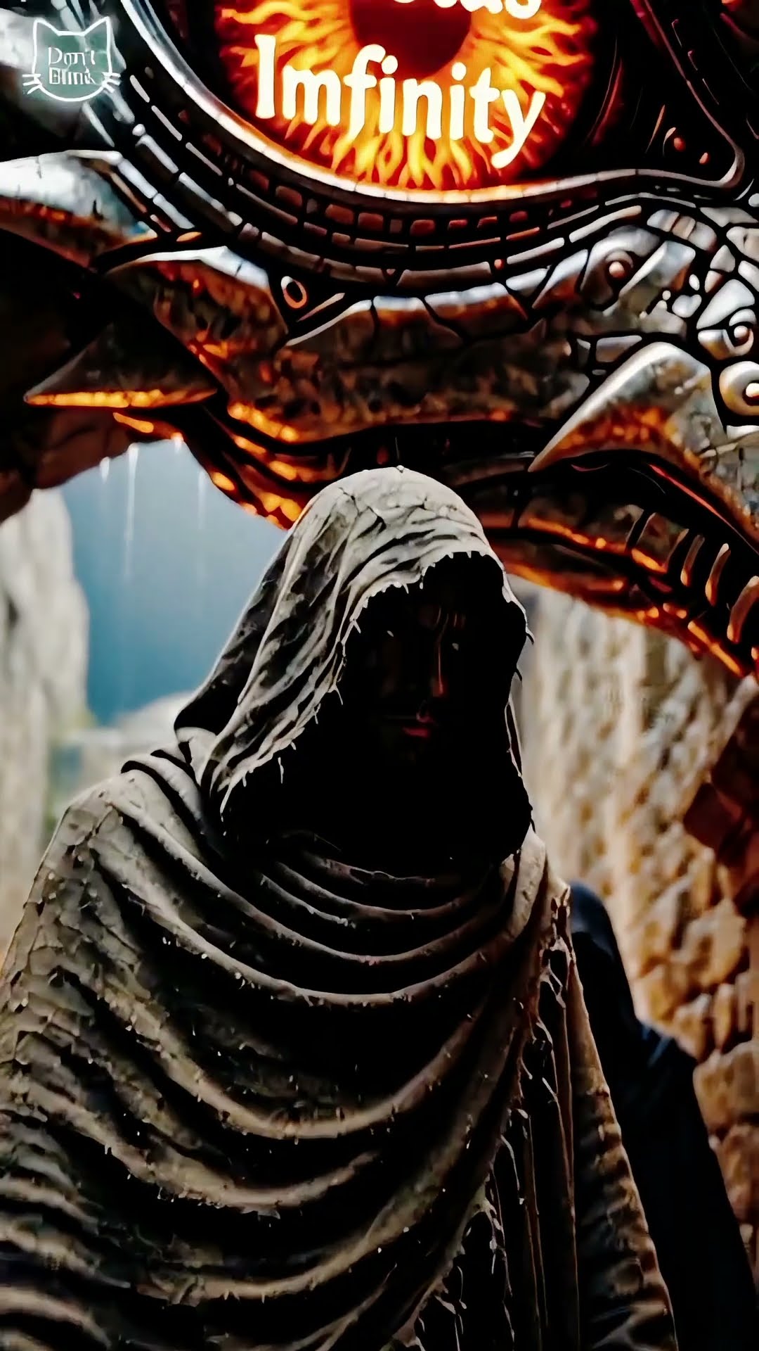 A hooded figure in a wet grey cloak stands in the rain beneath a mechanical arch that holds a fiery orange eye.