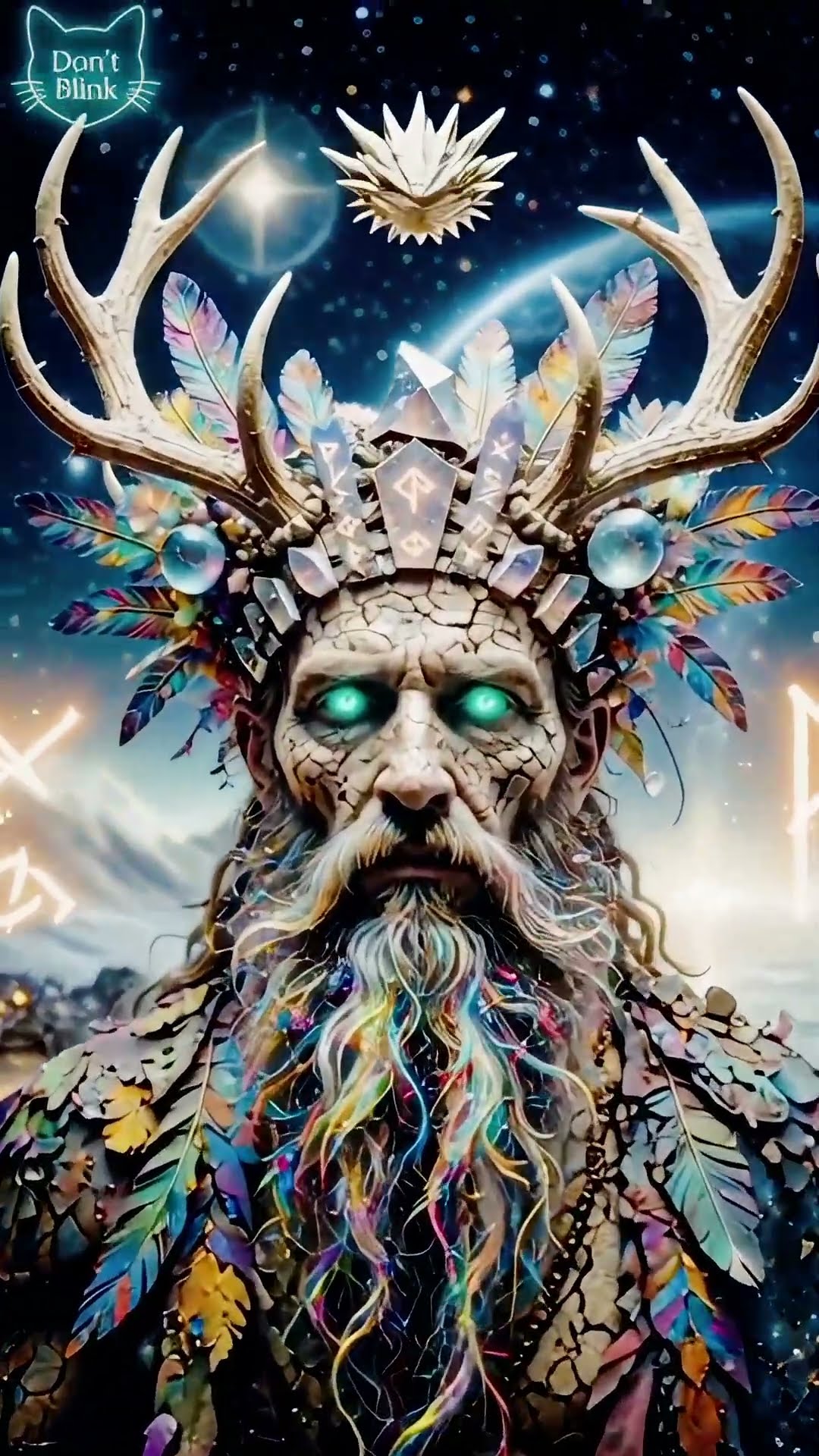 A cracked stone face with green eyes and a crown of pale antlers, feathers, and crystals, a pale planet behind.