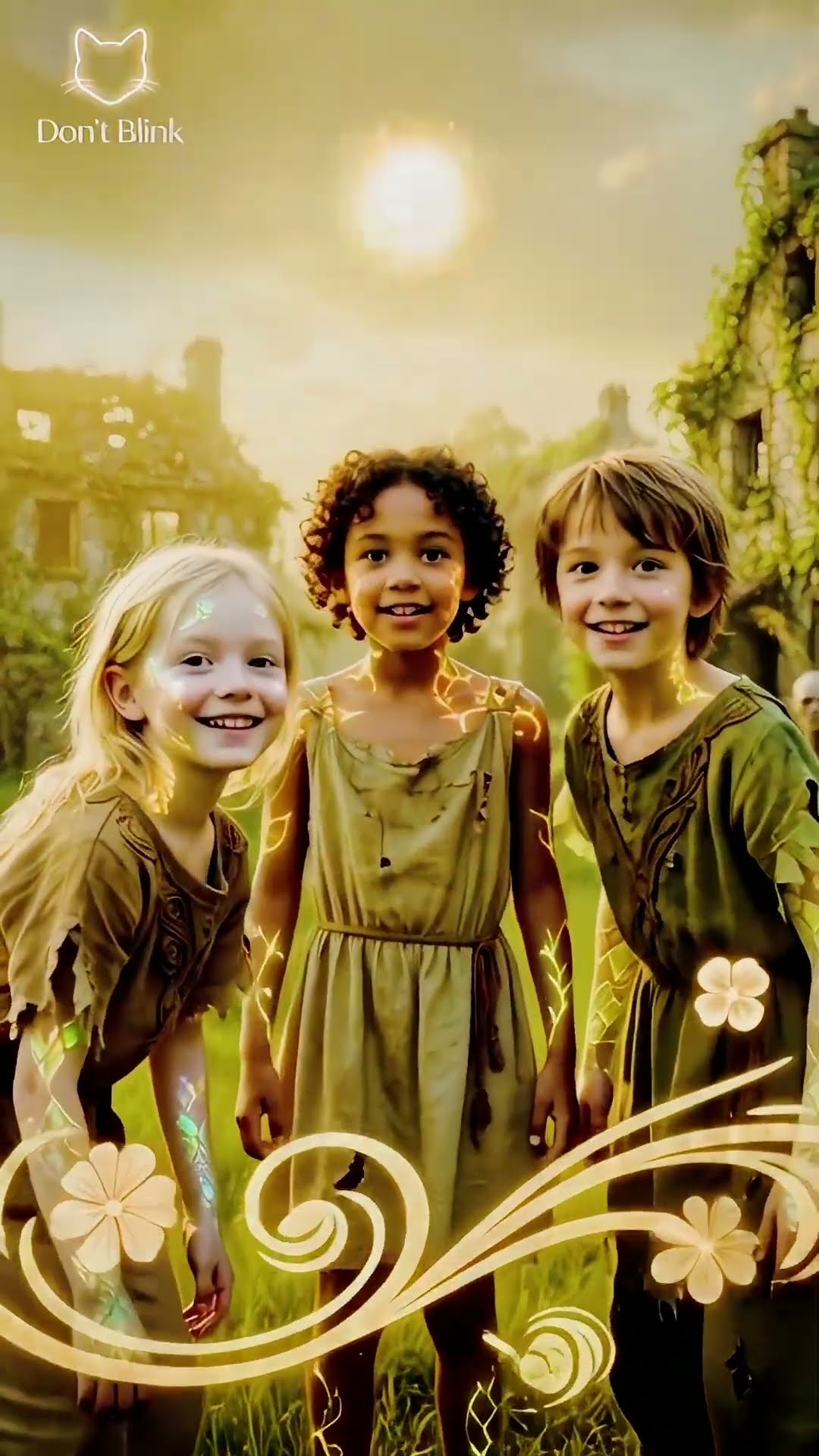 Three small figures stand in hard sun in a meadow before ivy-covered ruins.