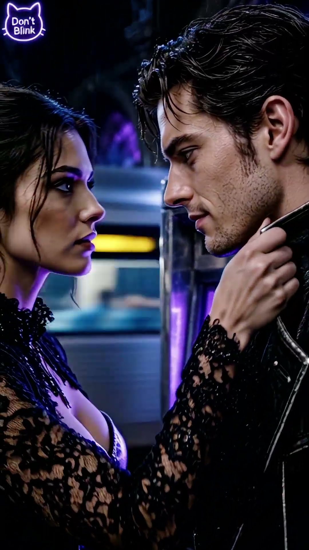 A woman in black lace rests a hand on the collar of a man in a leather jacket inside violet carriage light.