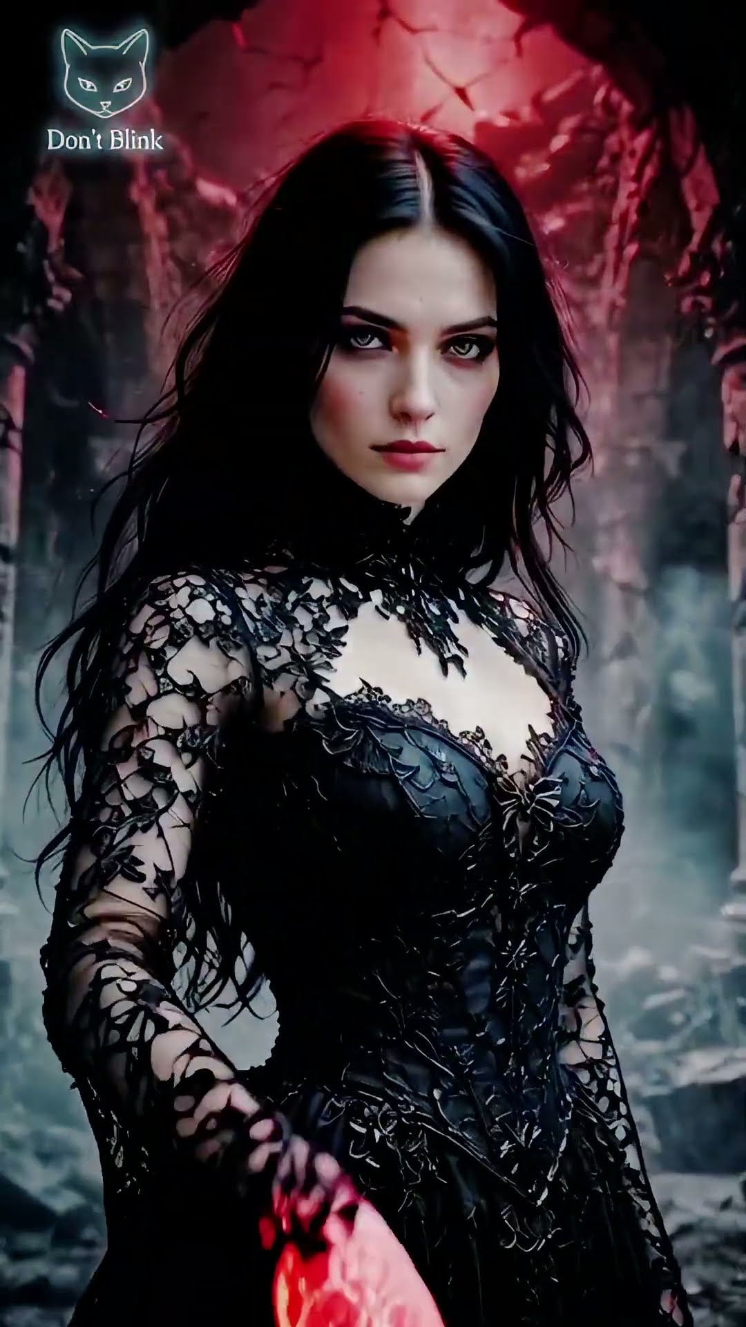 A woman in a black lace dress holds a glowing red heart in a stone ruin under a cracked red ceiling.