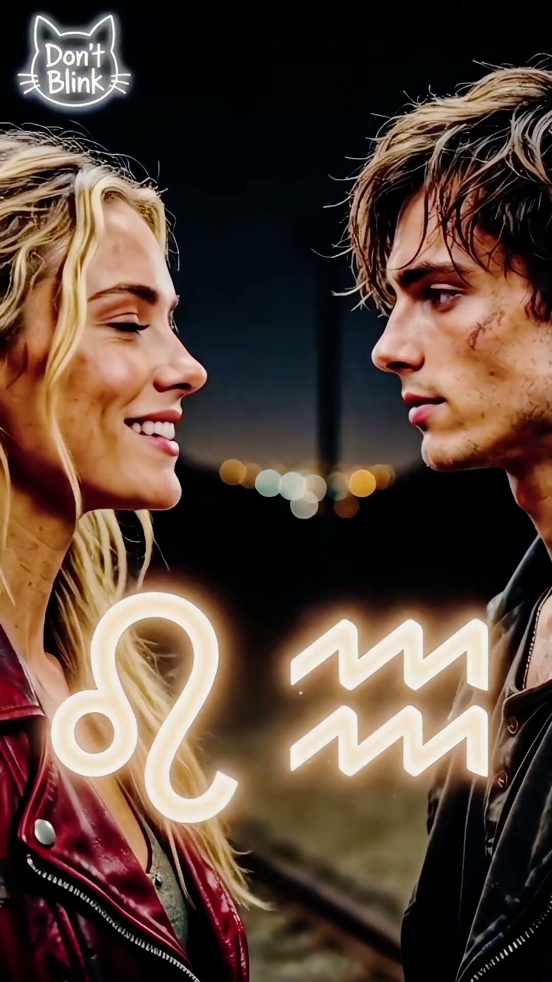 At night a blonde woman in a red leather jacket faces a man in a black zip jacket, white Leo and Aquarius marks glowing.