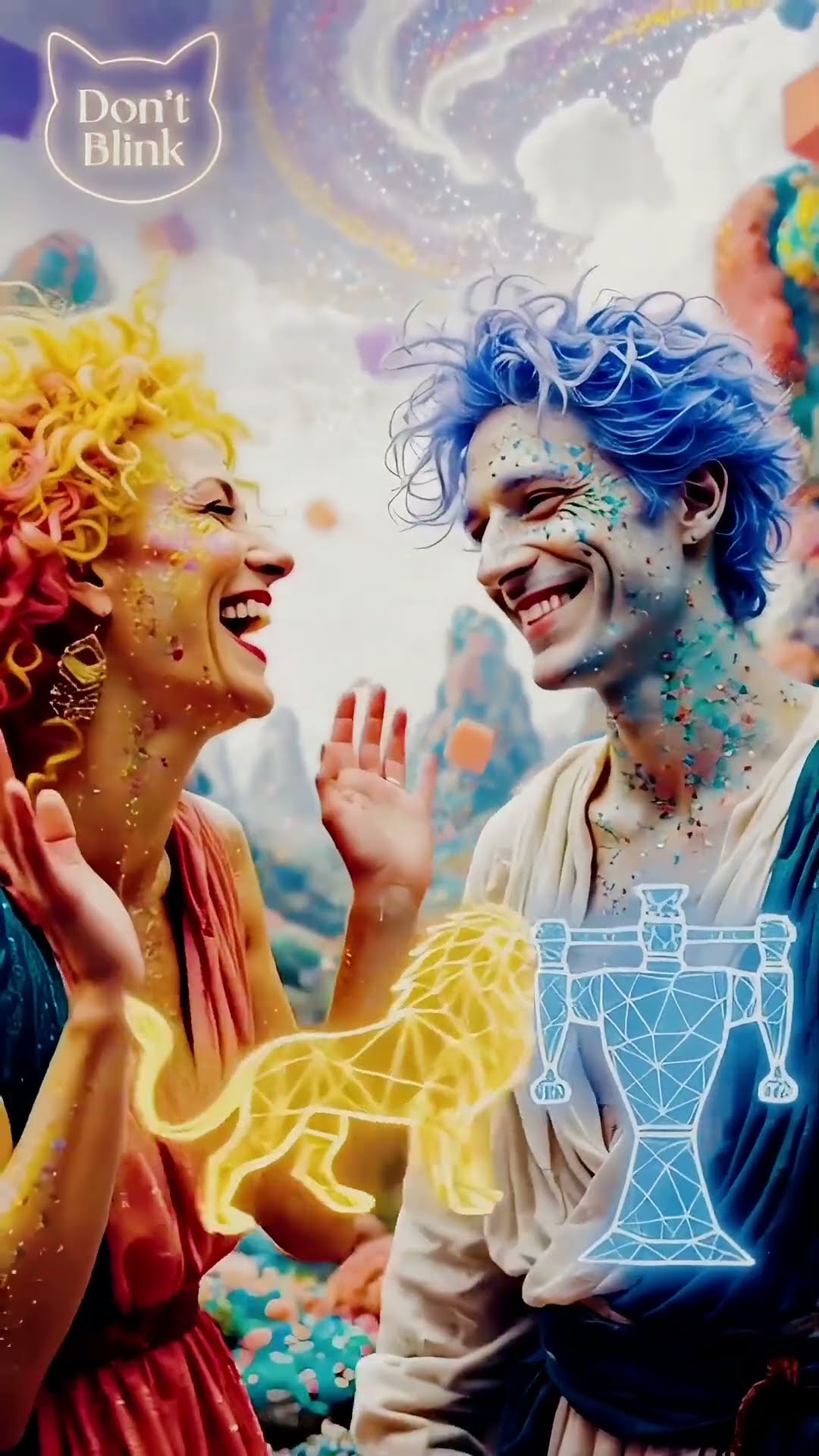 A laughing woman in a red dress and a blue-haired man in white raise their hands, a yellow wire lion between them.