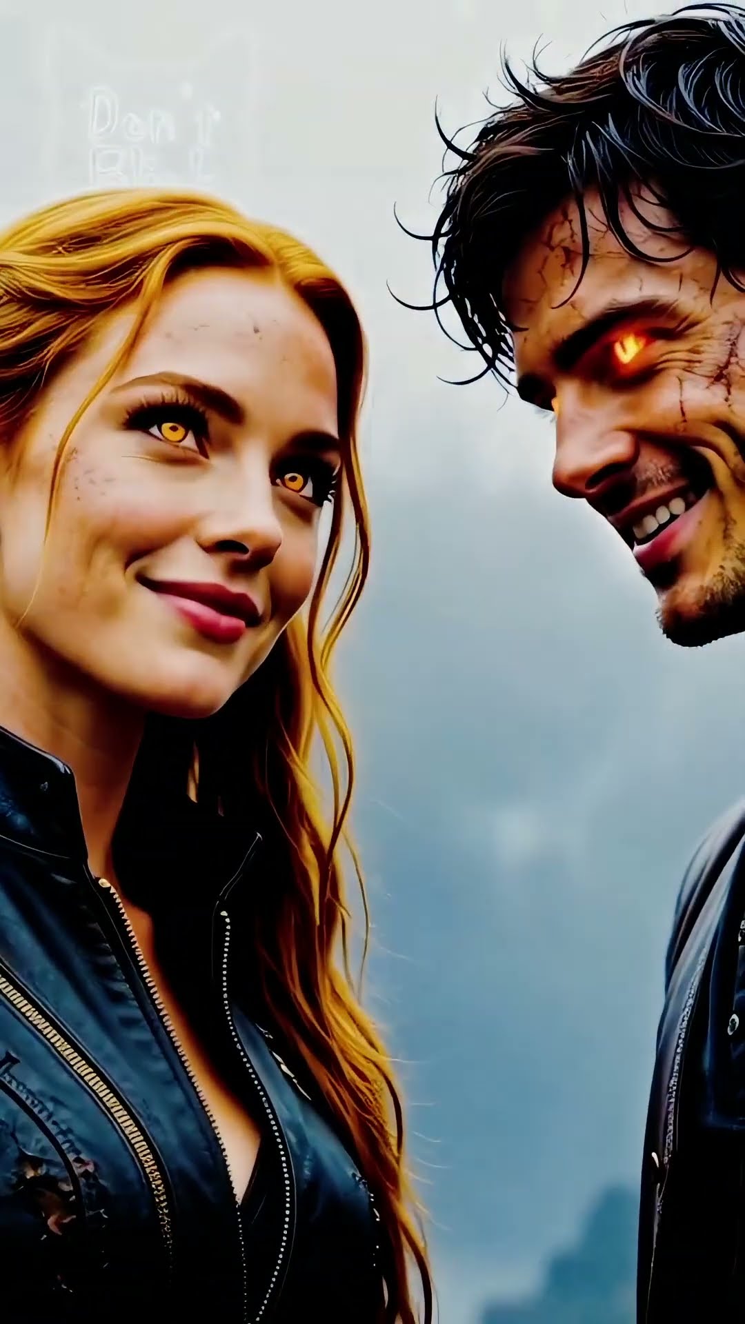 A red-blonde woman in a black leather jacket beside a grinning man whose cracked skin glows and whose eye burns orange.