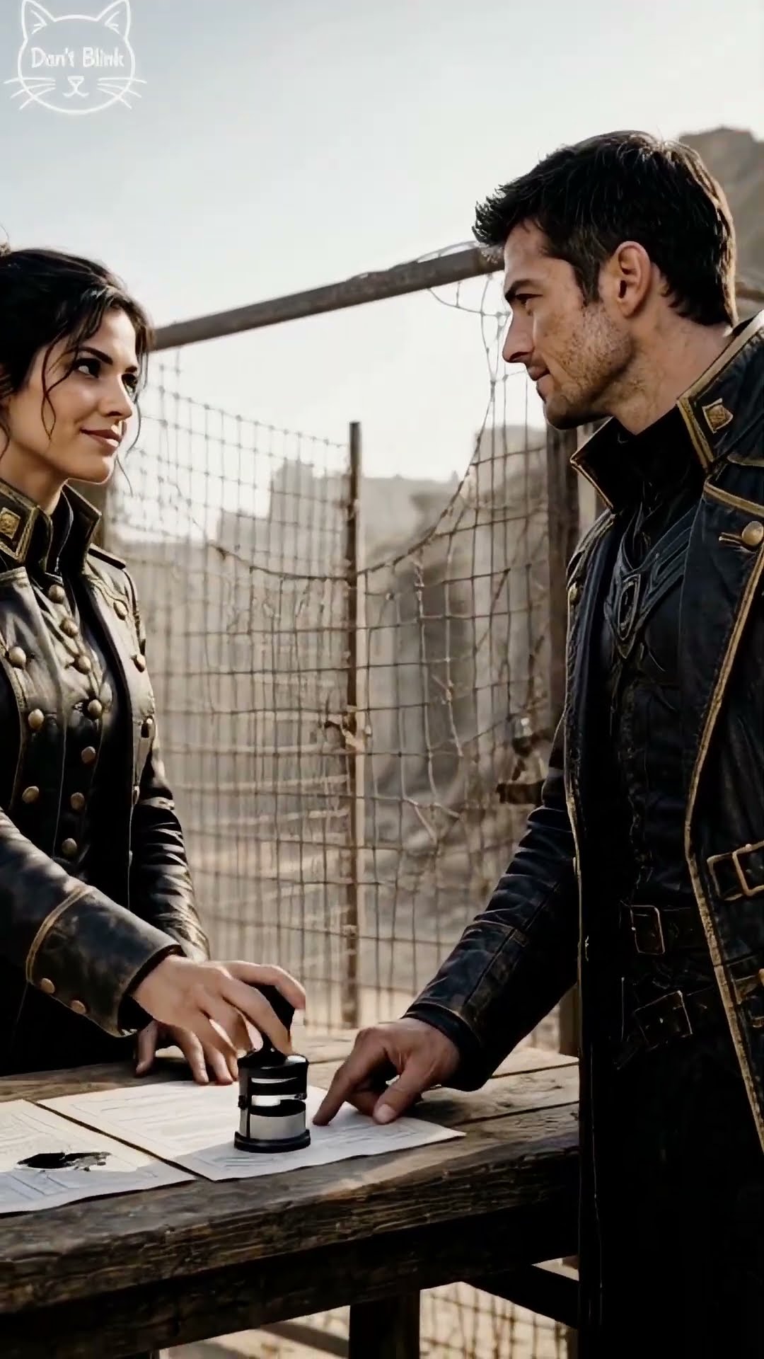 Two Leos in dark military coats at a rough outdoor table, her hands on a stamp and his finger on the paper.