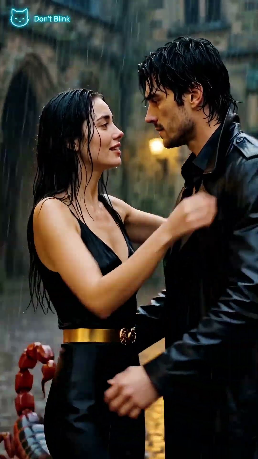 In the rain by a stone arch, a woman in a black dress and gold belt holds the lapel of a man in a wet leather coat.