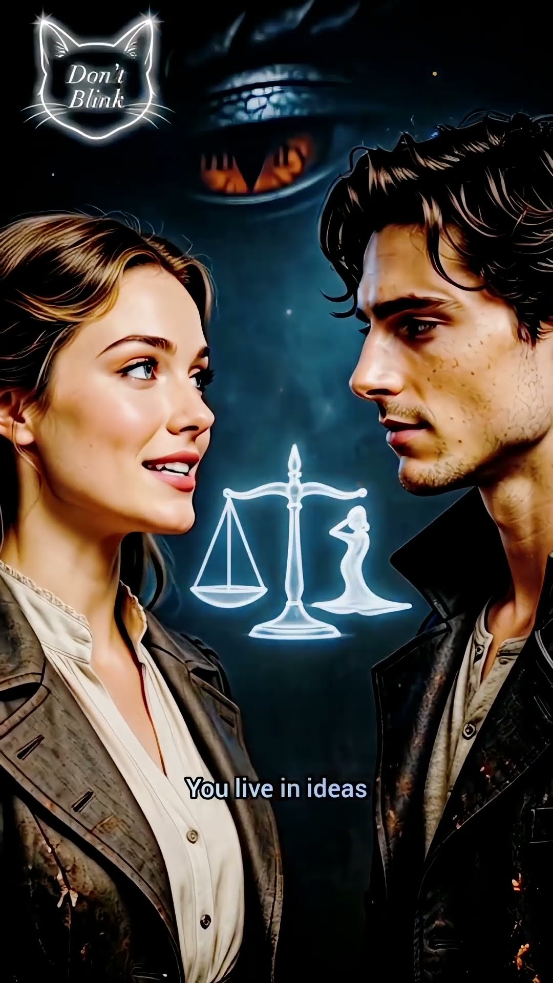 A woman in a worn coat faces a man in black, a glowing scale between them and a great eye above.