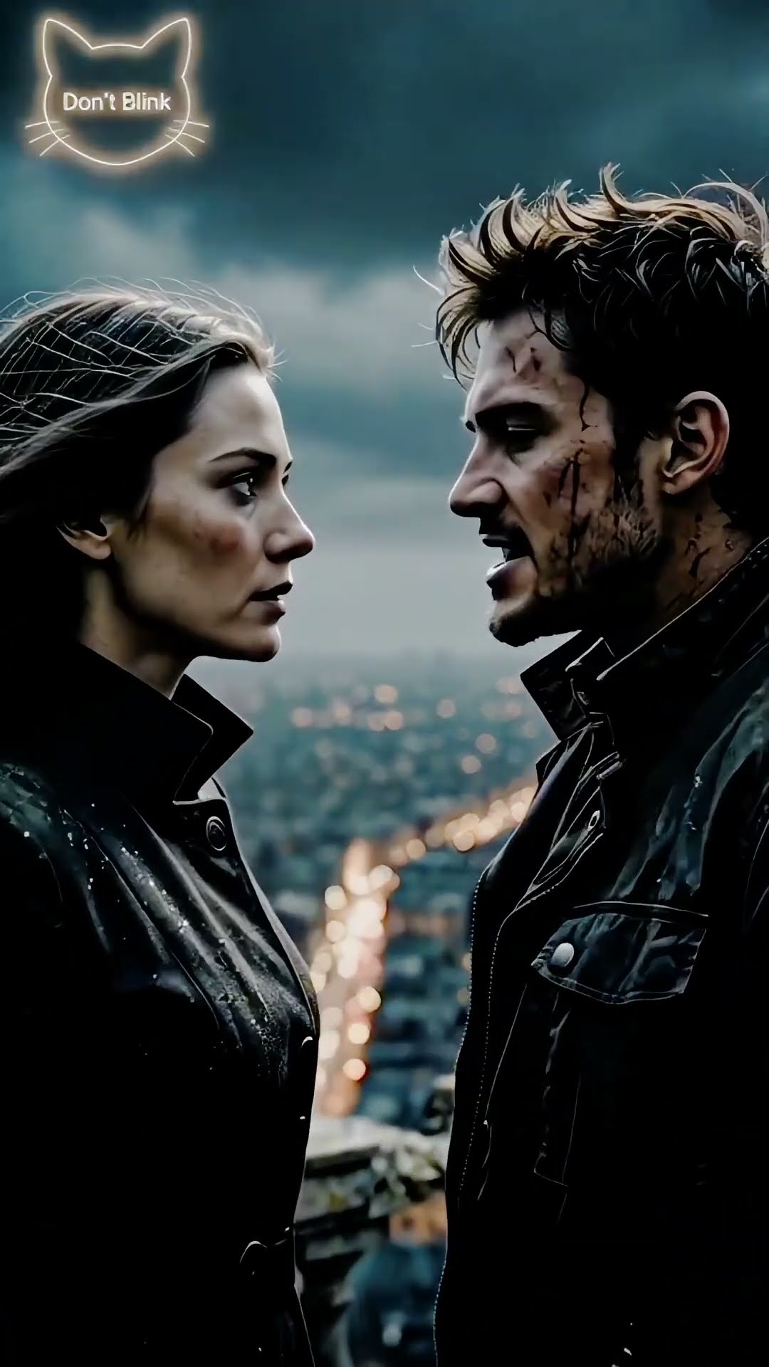 On a high overlook under storm cloud, a woman in a wet leather coat faces a man with a dirt-streaked jaw, city lights far below.