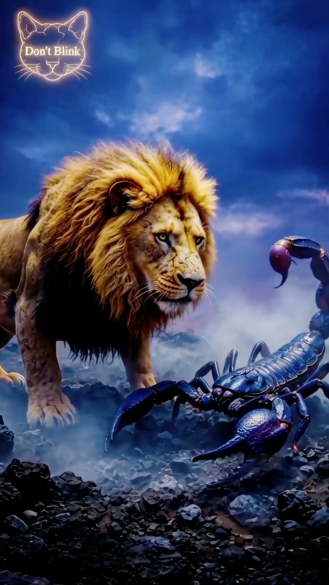 A gold-maned lion and a blue-black scorpion face each other on dark rocks in low mist.