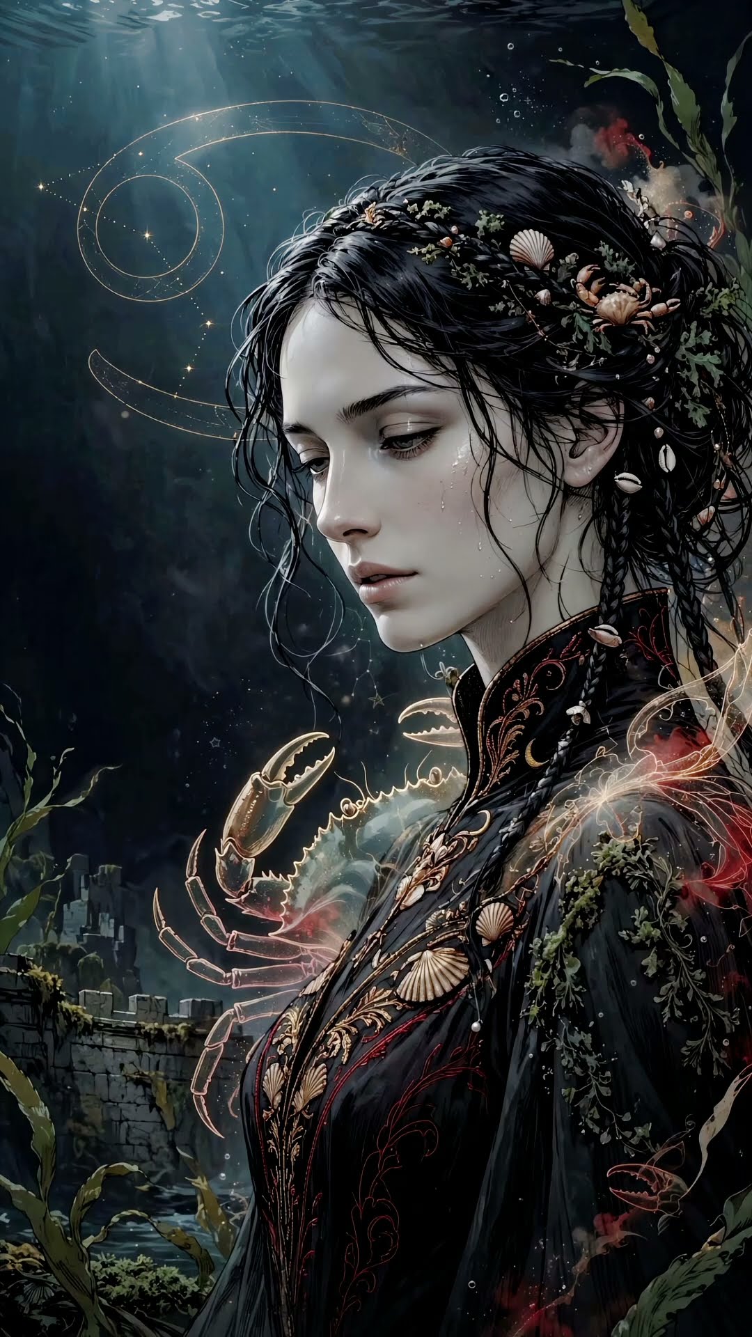 Underwater, a woman with shells and small crabs in her braids, a translucent gold crab at her shoulder, light through kelp.
