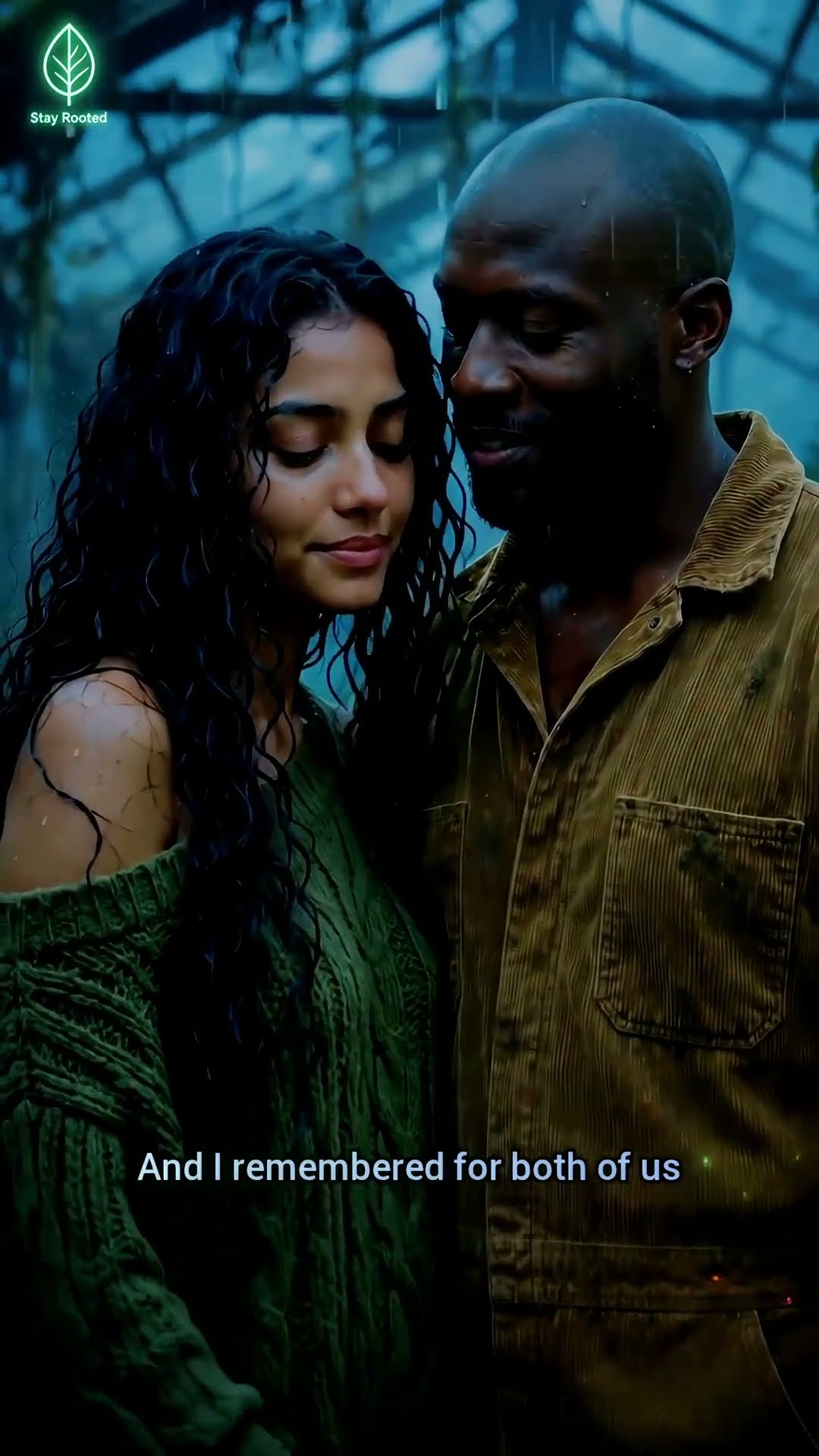 A woman in a green knit and a bald man in a corduroy shirt stand in the rain under a broken glass roof.