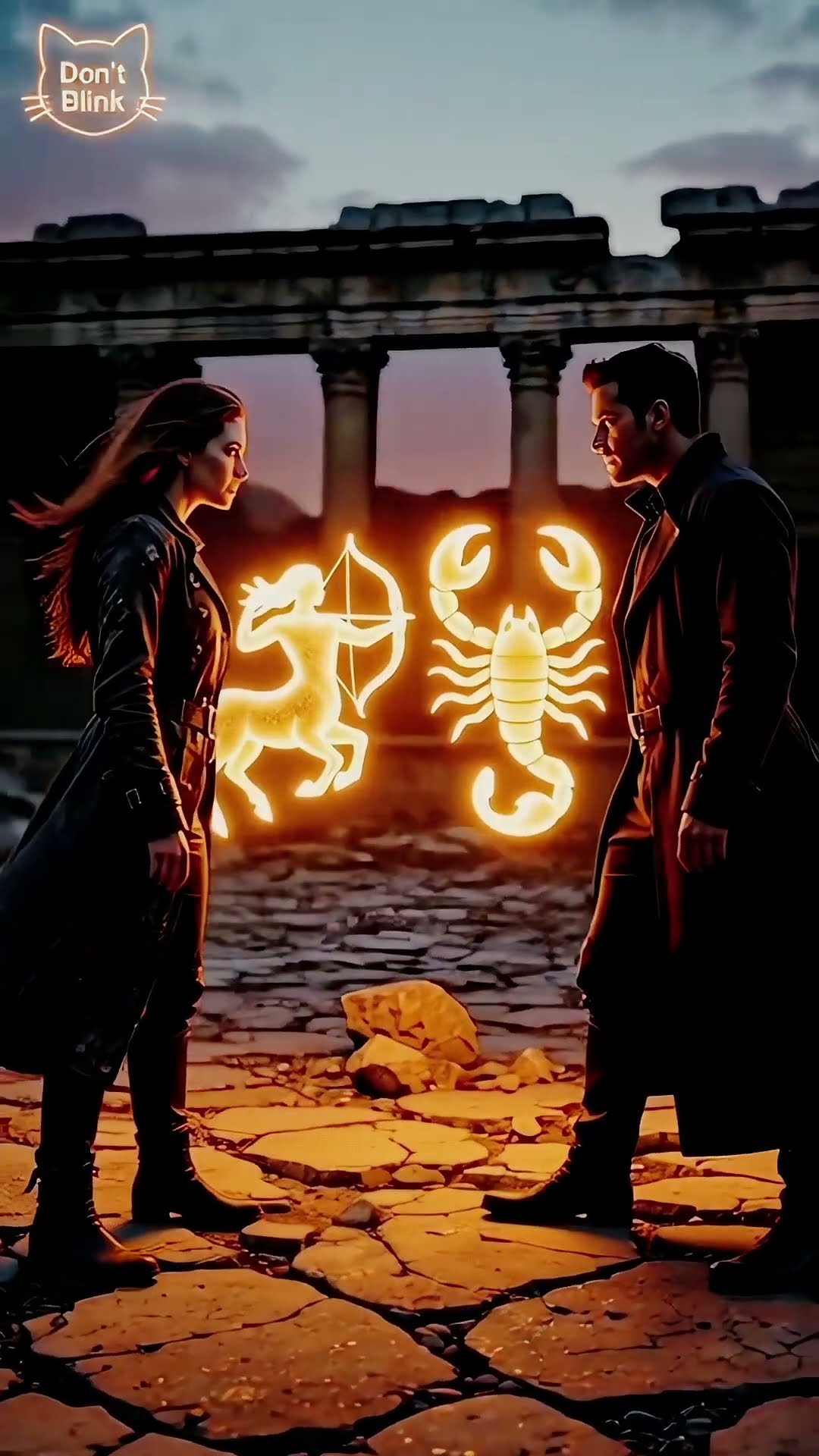 A woman and a man in long black coats stand apart on cracked stone, a gold archer and a gold scorpion glowing between them.