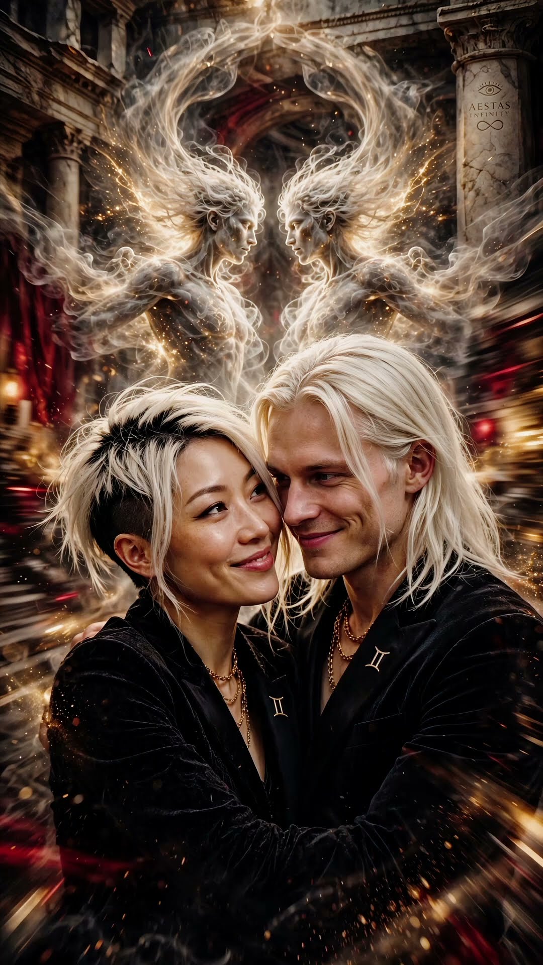 Two platinum-haired people in black velvet and gold chains embrace under a pair of pale figures facing each other in sparks.