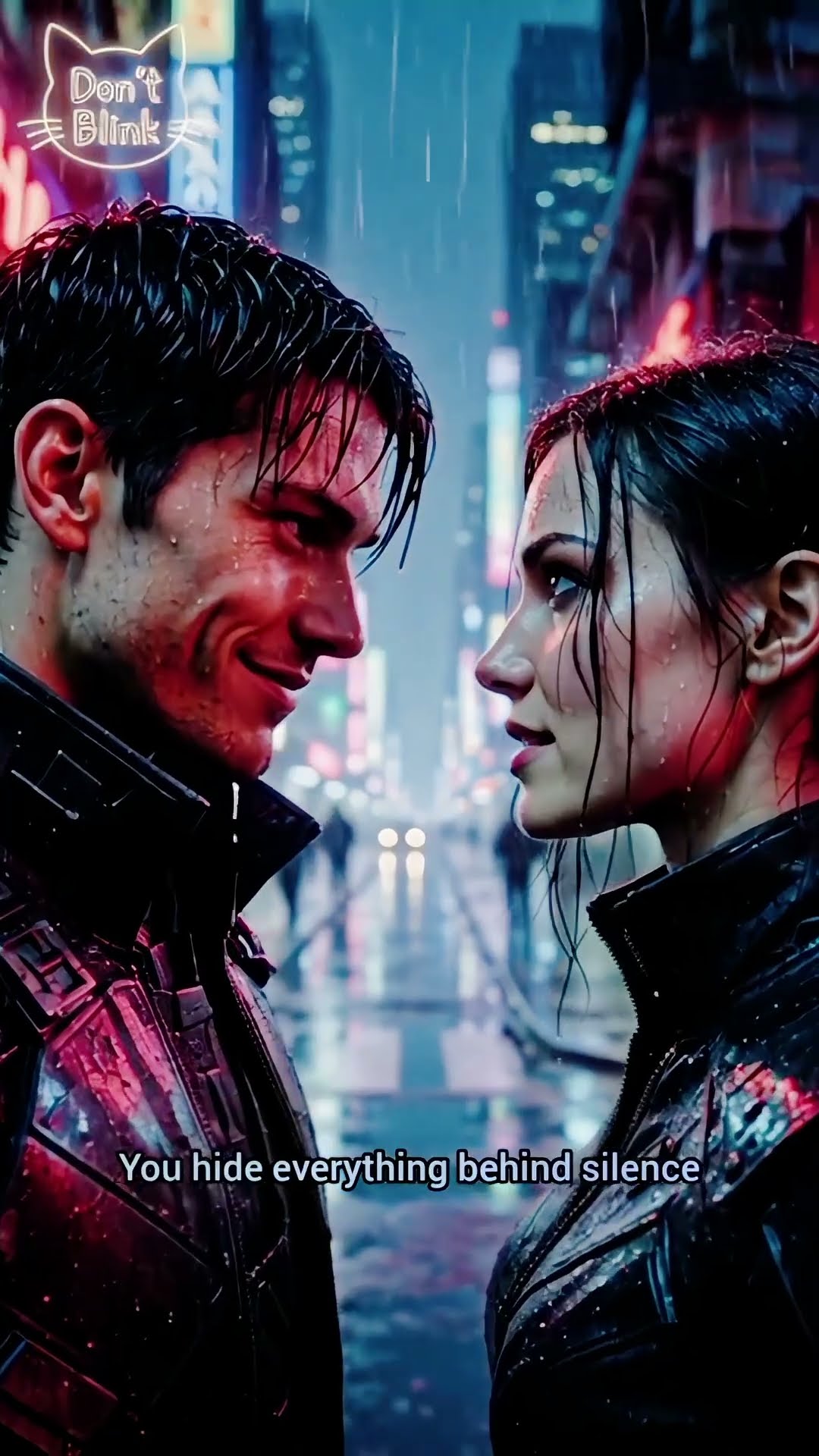 A man in dark armor and a woman in a wet black jacket face each other in neon rain.