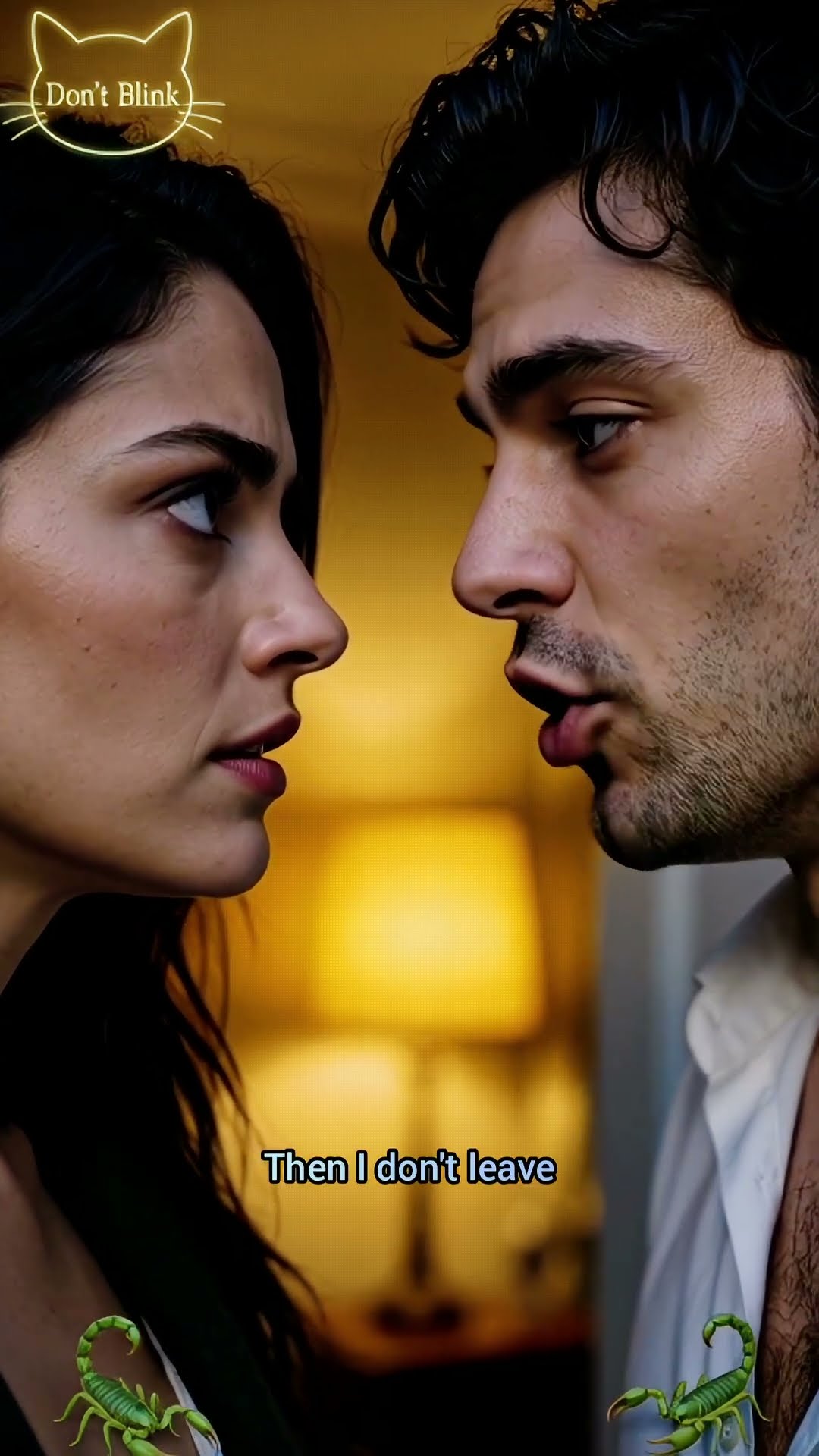 A woman and a man inches apart indoors, a warm lamp behind them, his white shirt open.