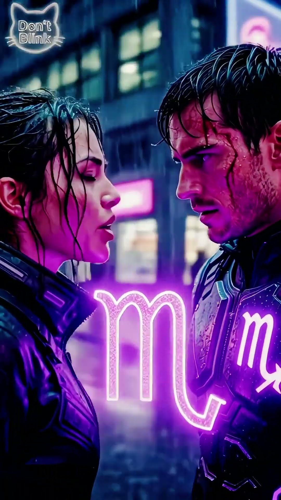 In neon rain a woman with wet hair faces a man in dark armor marked with a glowing purple Scorpio.