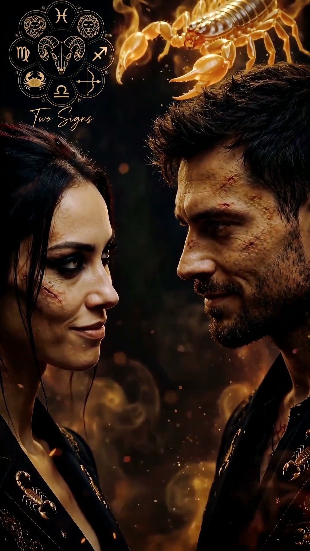 A scarred woman and a scarred man in black with gold scorpions on their clothes, a larger gold scorpion above his head.