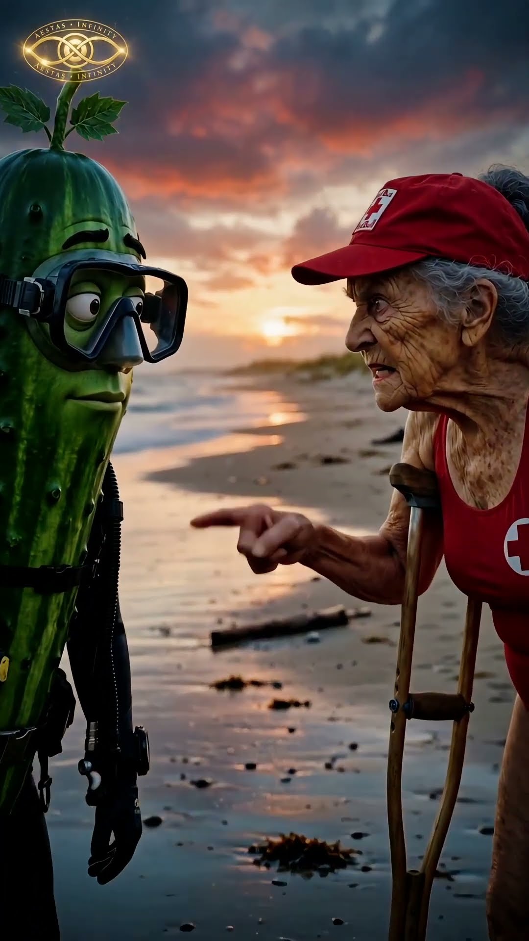 At sunset on wet sand, a green diver with goggles and a sprout faces an old woman in a red cap pointing from two crutches.