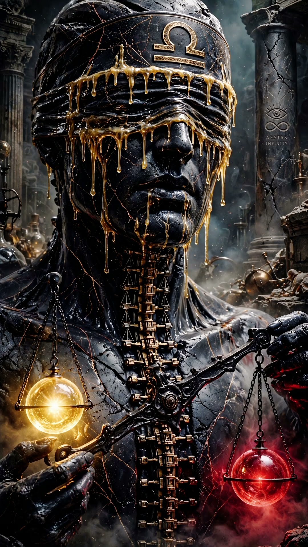 A cracked black-and-gold figure with eyes wrapped in dripping gold holds a yellow glass sphere and a red one.