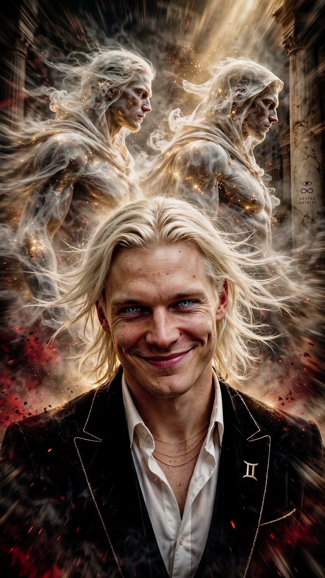 A platinum-haired man in a black velvet jacket with a Gemini pin, two pale figures behind him turning into sparks.
