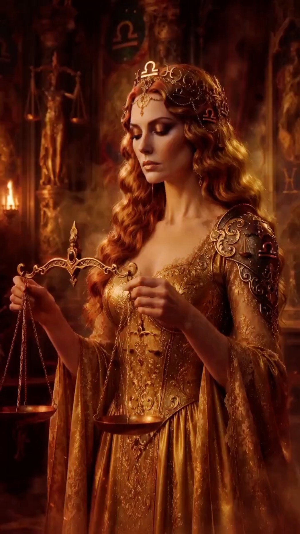 Twelve figures on a gold ring in a snowy night wood, a small fire at one edge.