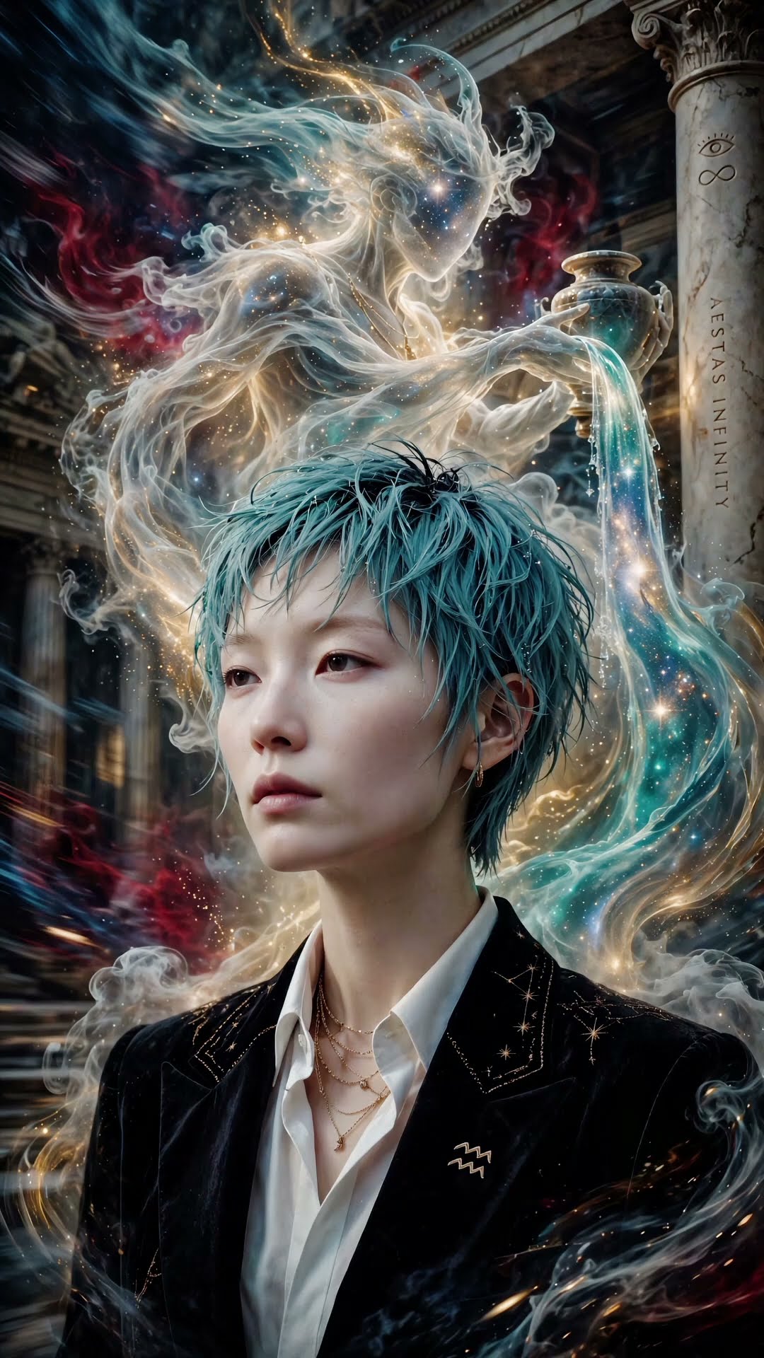 A woman with short teal hair and an Aquarius pin, a starry figure behind her pouring water from a metal vessel.