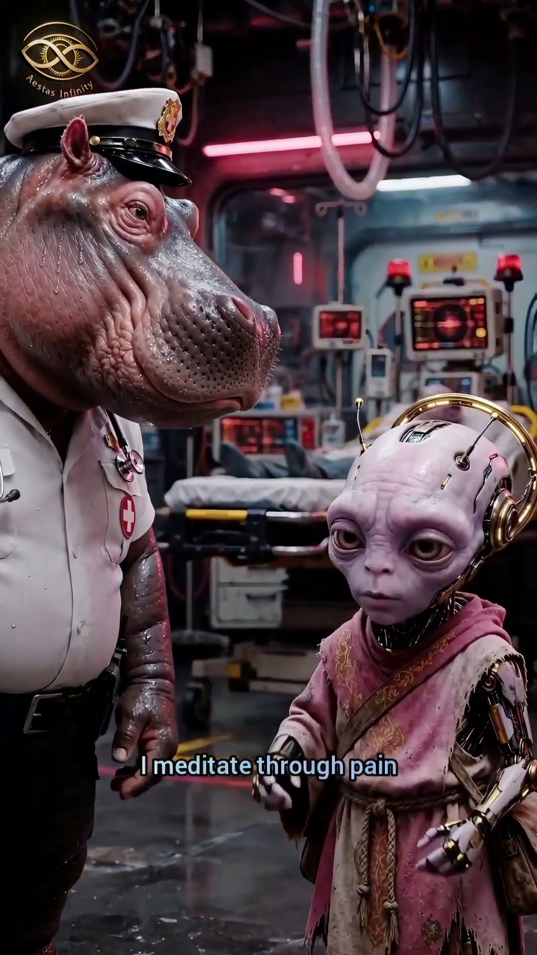 A hippo in a white uniform and captain's hat faces a small grey figure in a pink robe with a mechanical arm in a dim medical bay.