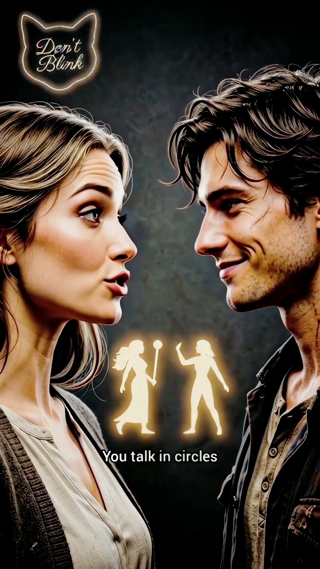 A woman mid-sentence faces a smiling man, with two glowing figures between them, one holding a staff.