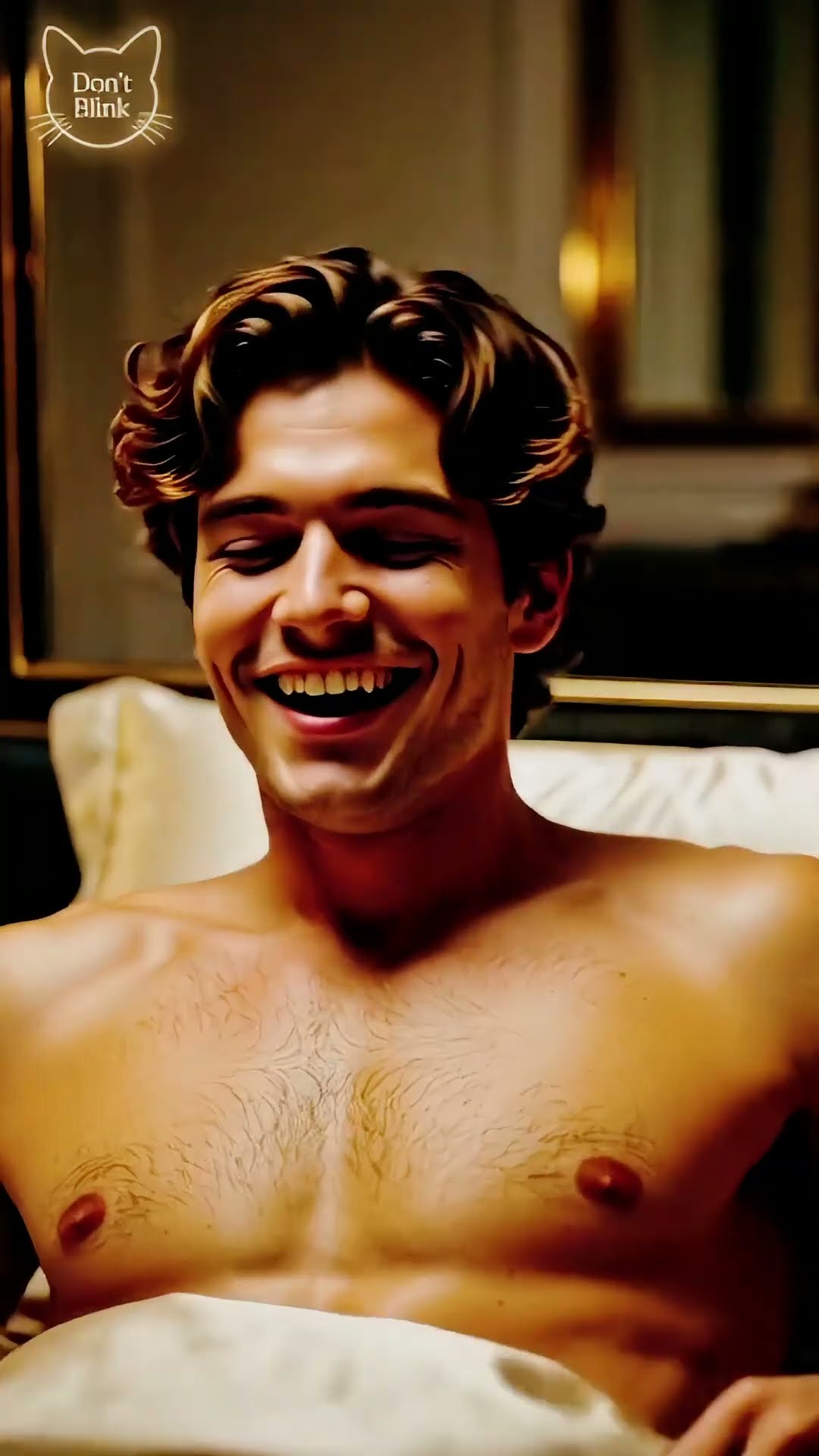 A shirtless man with dark curls laughs in white sheets, a gold frame on the wall behind him.