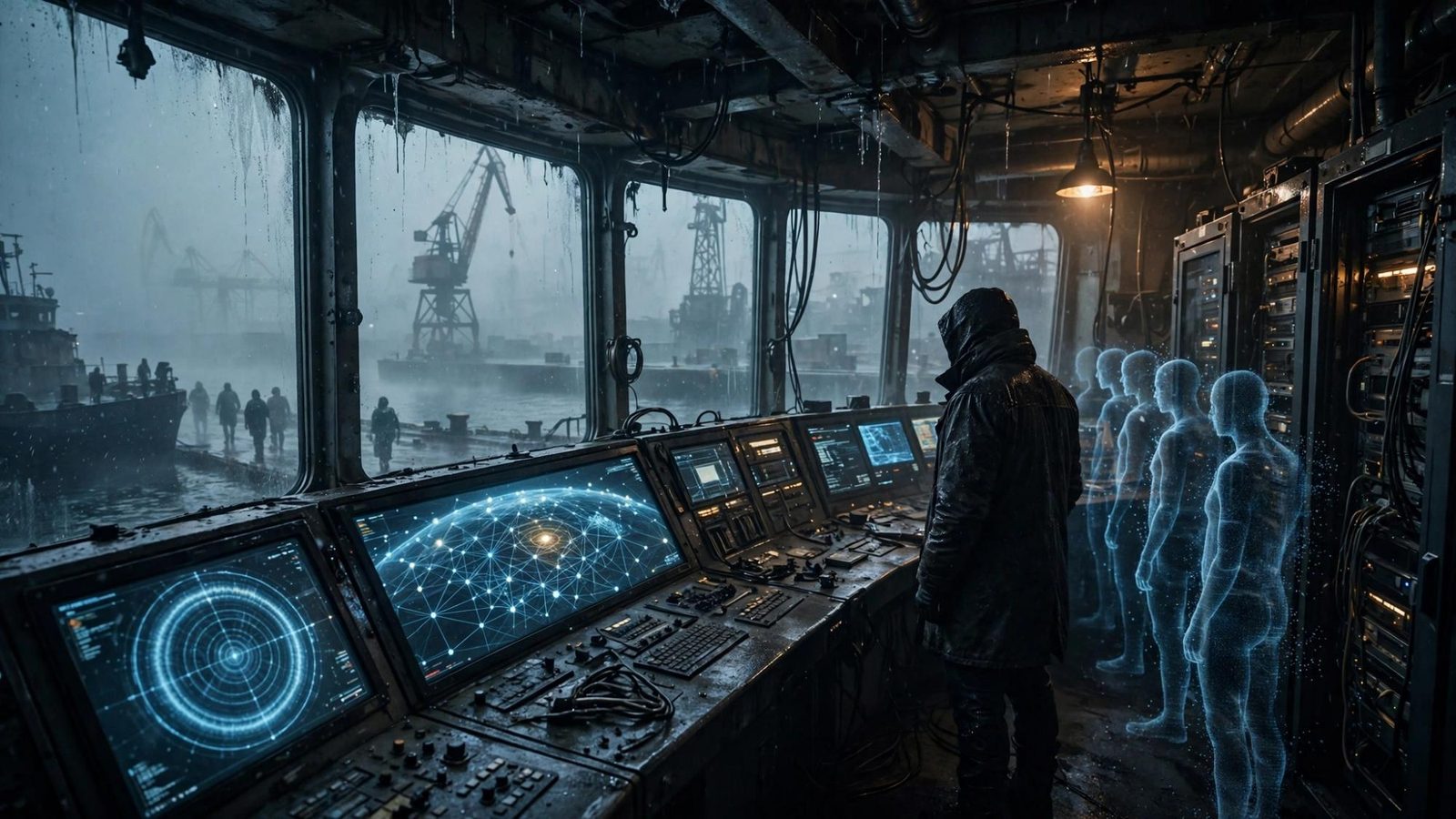 A wet control room above the cranes. One hooded back at the consoles. To the right, a line of pale figures that are only light, standing as if they had already been processed.
