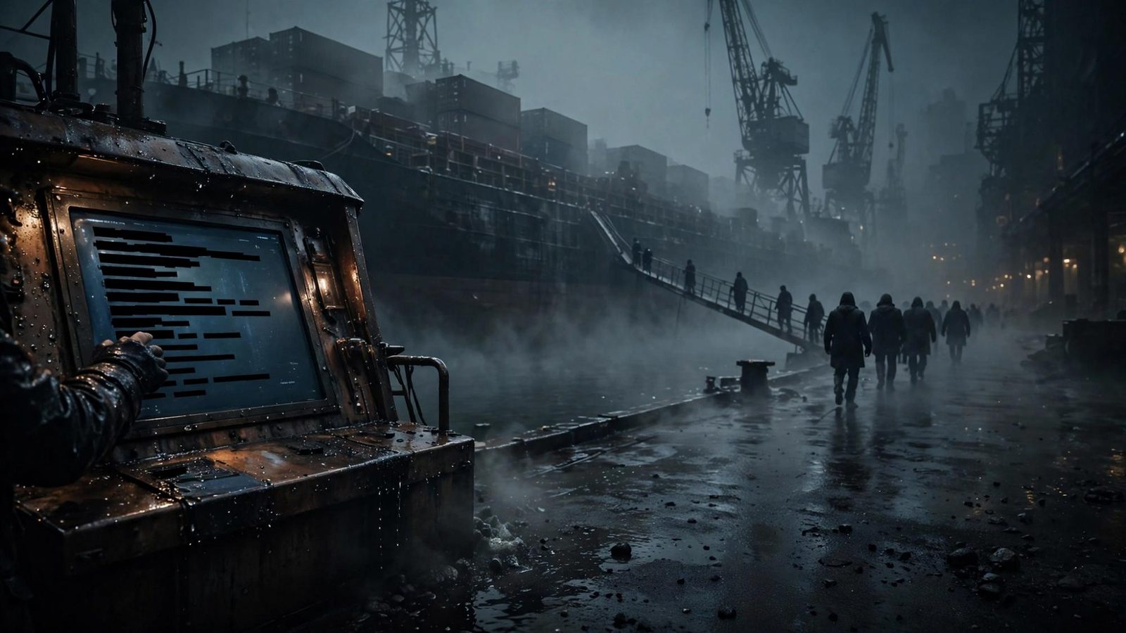 A barred terminal in the foreground and coats boarding a dark ship.