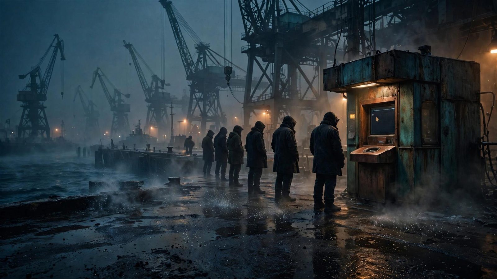 Six coated backs at a rusted booth on a wet quay, cranes in the fog.
