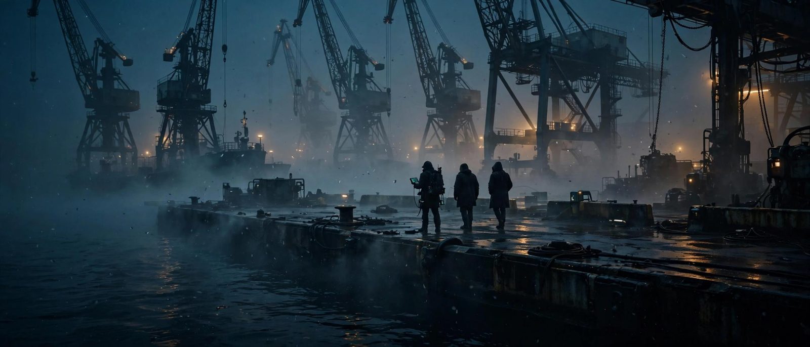 Three coats at the edge of a dock, one holding a small lit slate.