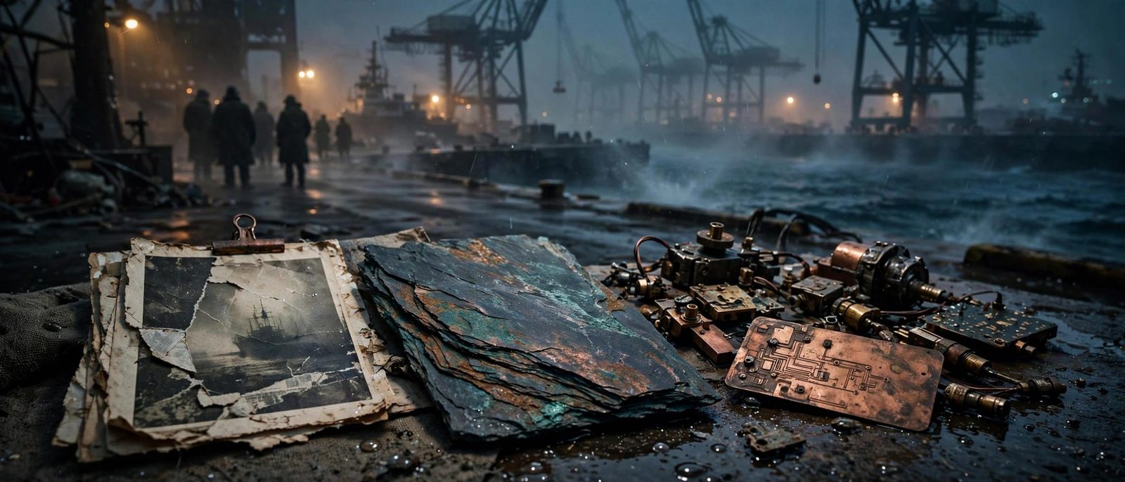 A cracked ship photograph, oxidized plates, and a wet copper circuit.